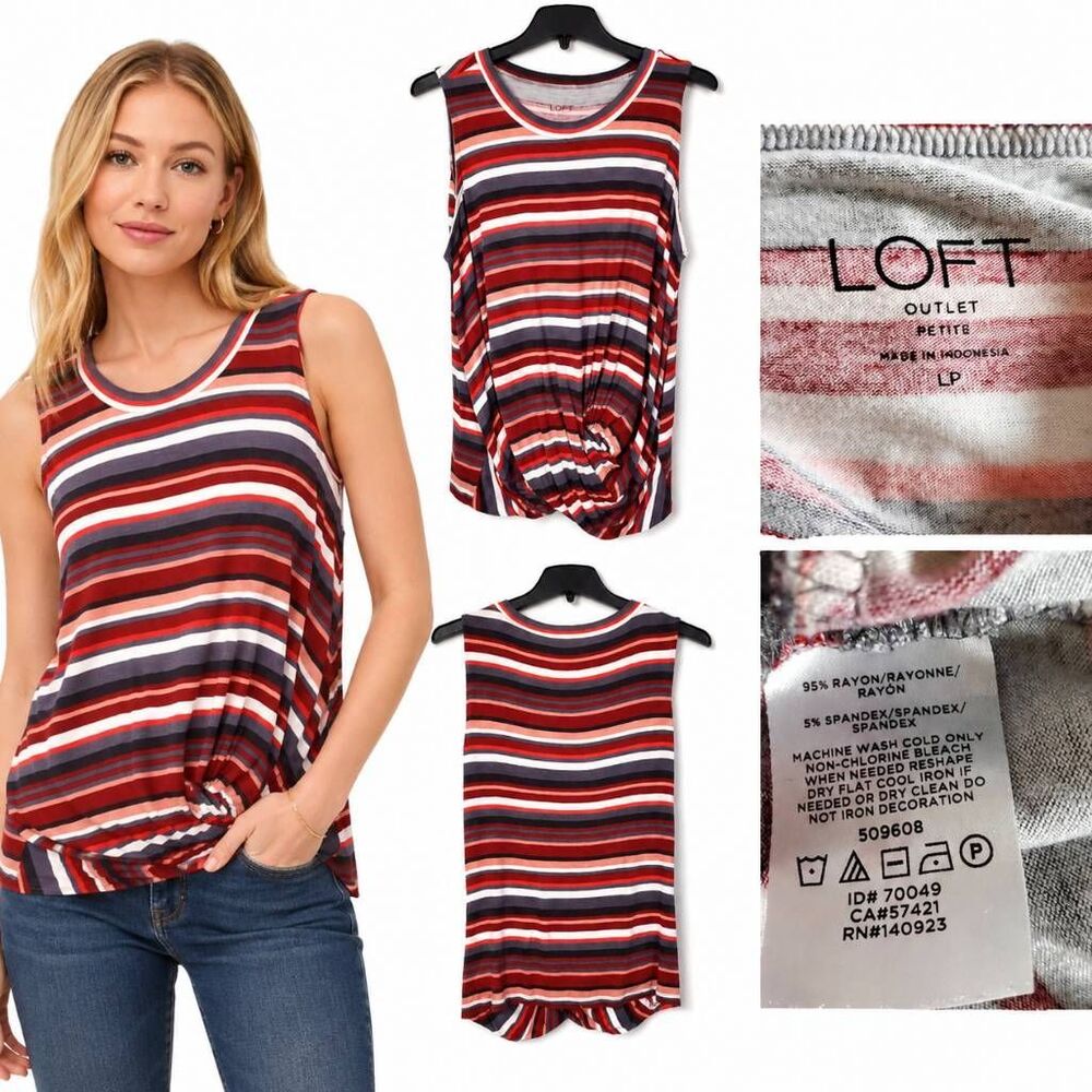 LOFT Outlet Petite Women’s Tank Top Size LP Striped Twist Front Red Gray Sleevel